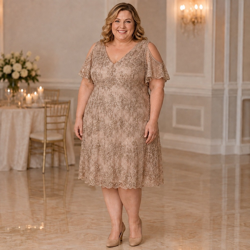 Alex Evenings Women 18W Beige Lace Cold Shoulder Sequin Cocktail Dress Gown